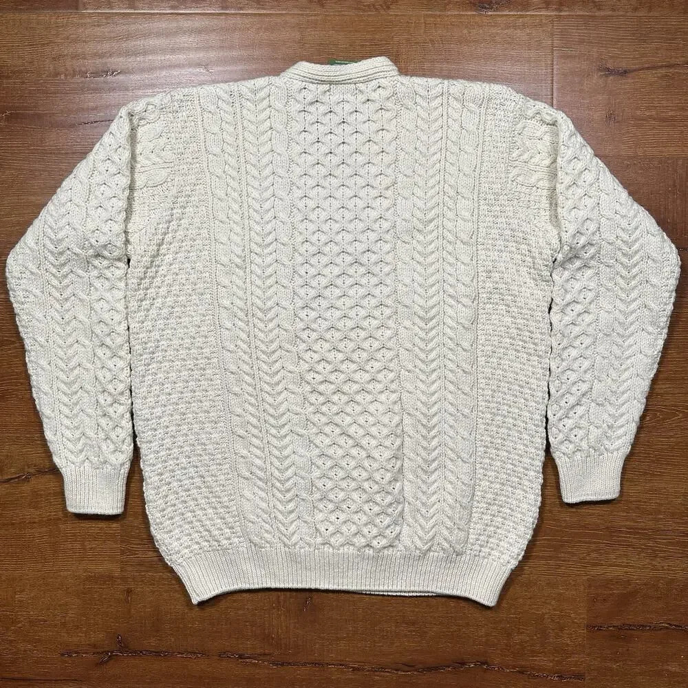 Shannon Woolen Mills Cable Knit Sweater Mens XL Ivory Merino Wool V Neck Ireland